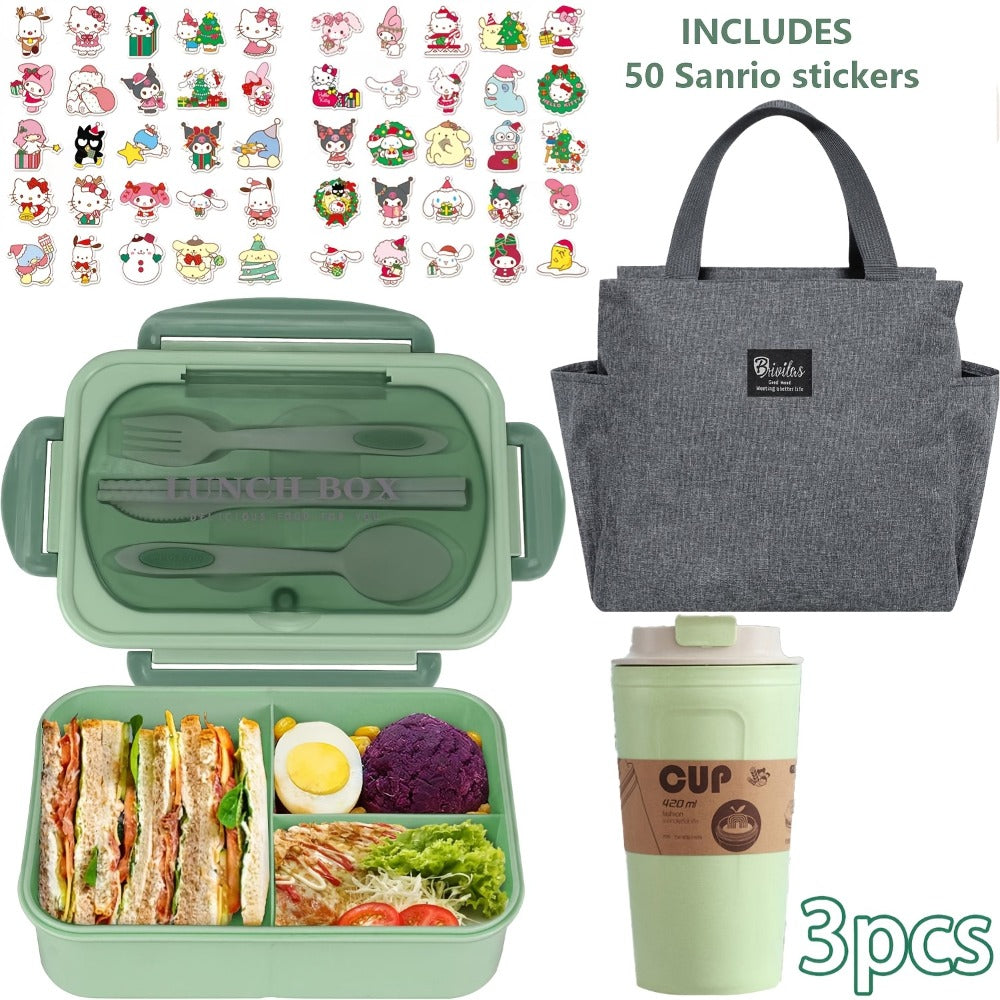 Sanrio Lunch Box Set 53pcs Bento Box with Thermal Bag Breakfast Cup Portable Sealed Compartment Microwave Dishwasher Safe for Work Picnic School