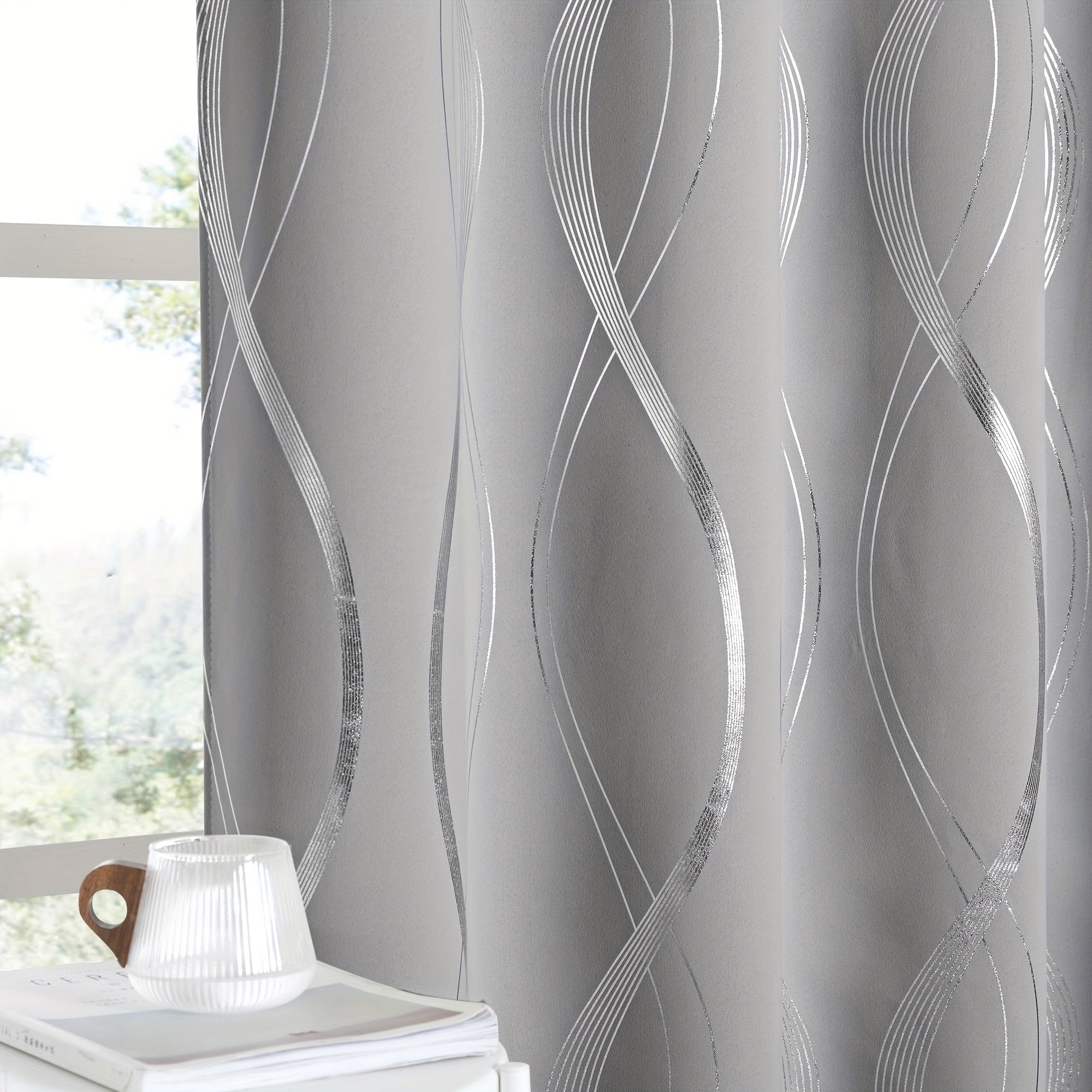Thermal Insulated Blackout Curtains 2 Panels Wave Line Foil Print Noise Reducing Room Darkening Drapes for Bedroom Living Room Patio Sliding Glass Door
