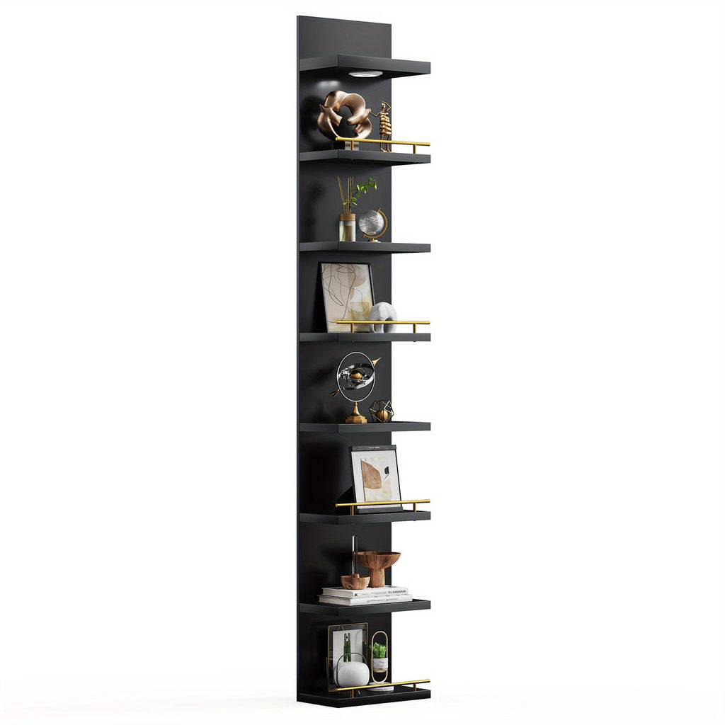 Floating Wall Shelves with LED Light - 6 & 8 Tier Wall Mounted Display Shelf Unit with Anti-Slip Rails for Bedroom, Living Room, Bathroom, Office & Dorm - Modern Space Saving Shelf (Black / White)