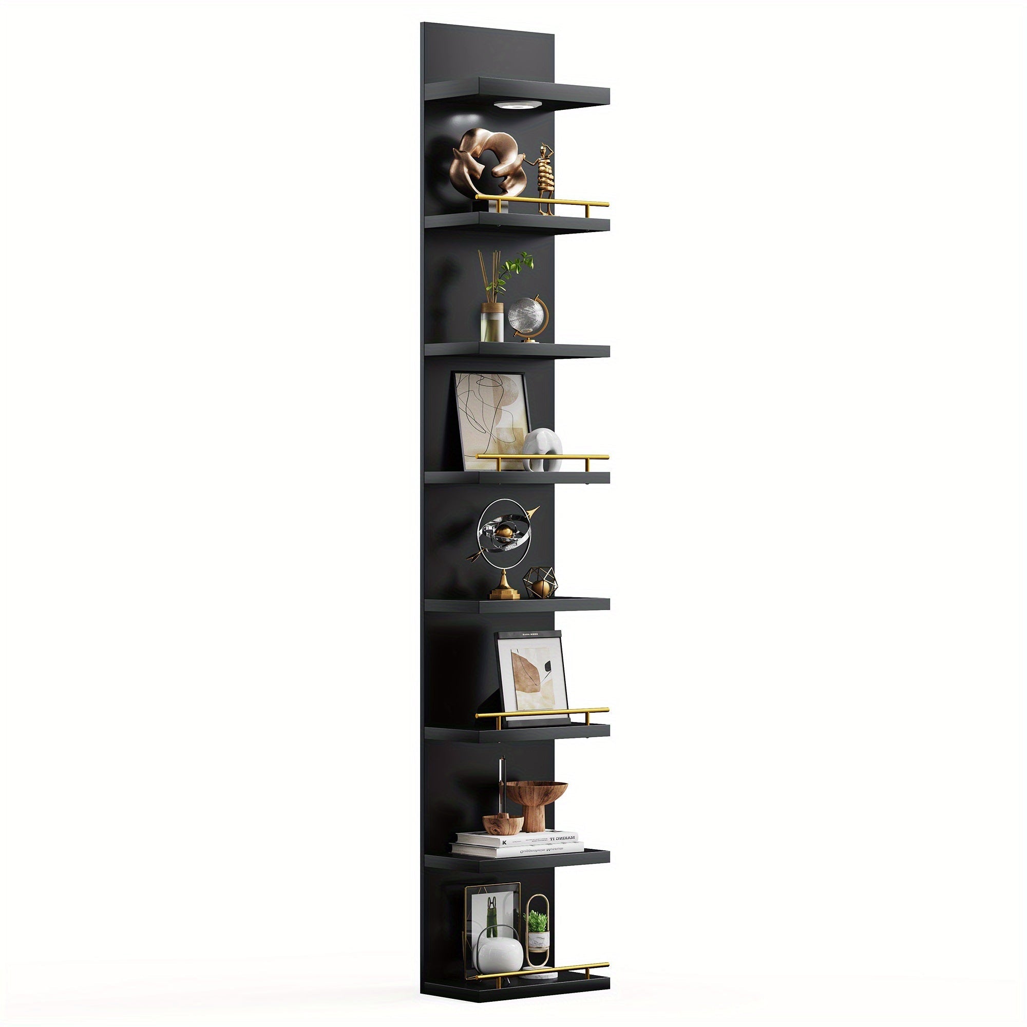 Floating Wall Shelves with LED Light - 6 & 8 Tier Wall Mounted Display Shelf Unit with Anti-Slip Rails for Bedroom, Living Room, Bathroom, Office & Dorm - Modern Space Saving Shelf (Black / White)