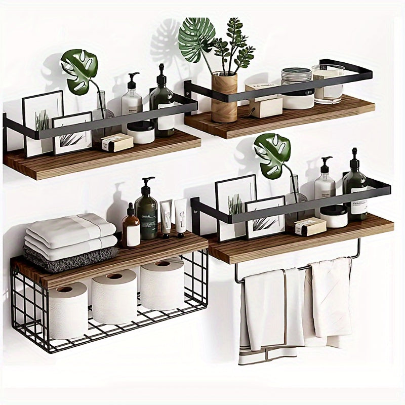 Floating Wall Shelves Set of 2 or 4 Rustic Wood and Iron Wall Mounted Shelf for Living Room Bedroom Kitchen Bathroom, Farmhouse Industrial Hanging Display Shelf for Plants Books Candles Decor