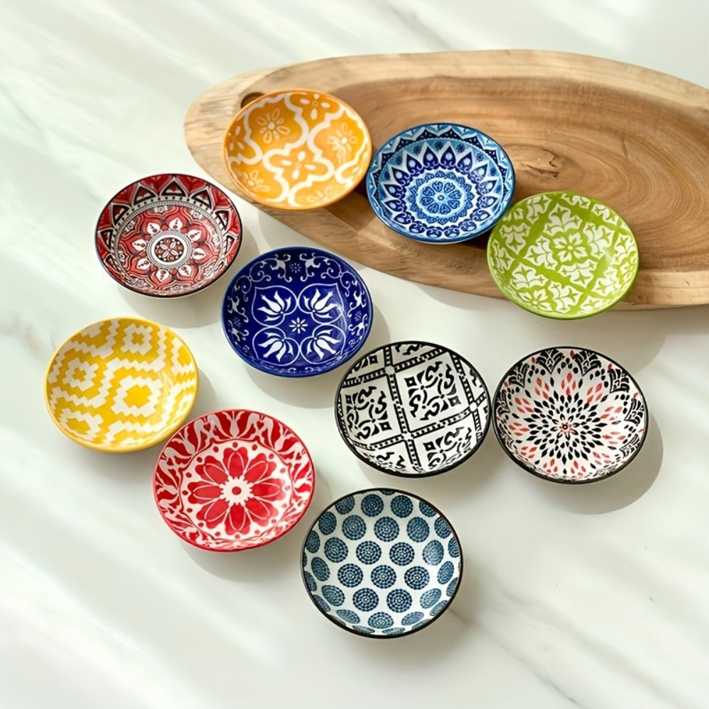 Ceramic Condiment Dish Set of 10 ¨C Bohemian Small Saucer Dipping Bowls for Soy Sauce, Vinegar & Spices | Kitchen, Restaurant, Party, BBQ & Picnic Use | Machine Washable