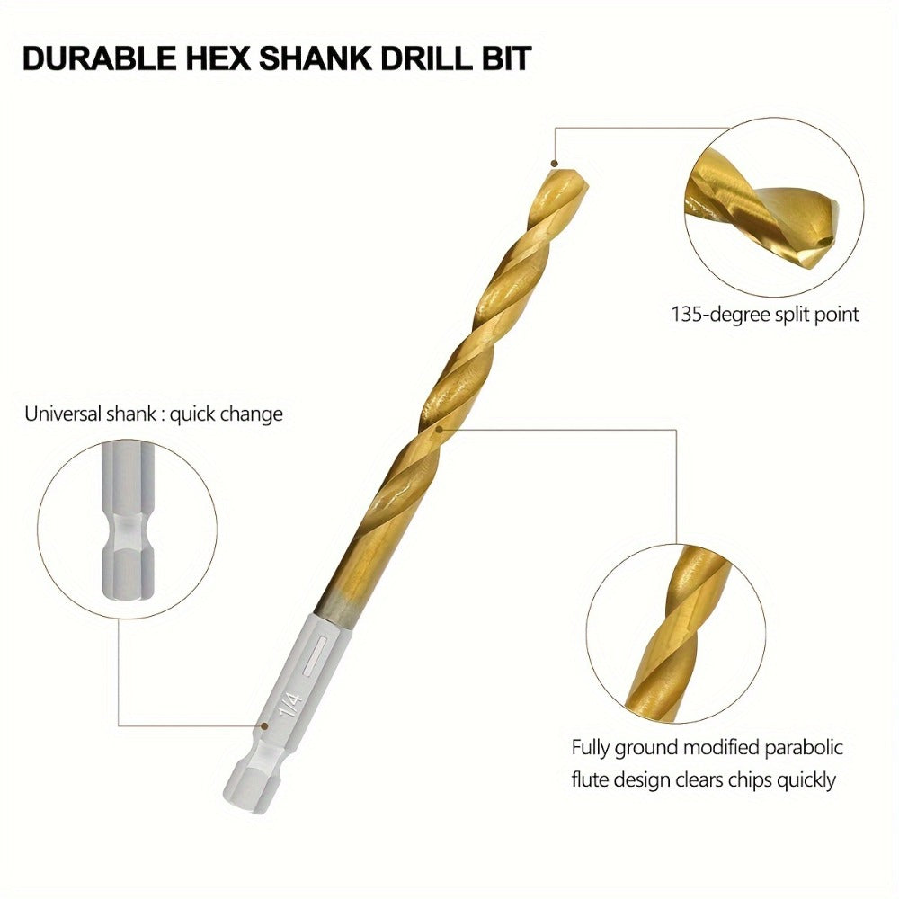 Titanium HSS Drill Bit Set 30PCS Hex Shank Quick Change 1/16 to 1/2 Inch for Metal Wood Plastic Hand Drilling Electric Screwdriver Drill Press Round Shank Twist Bits