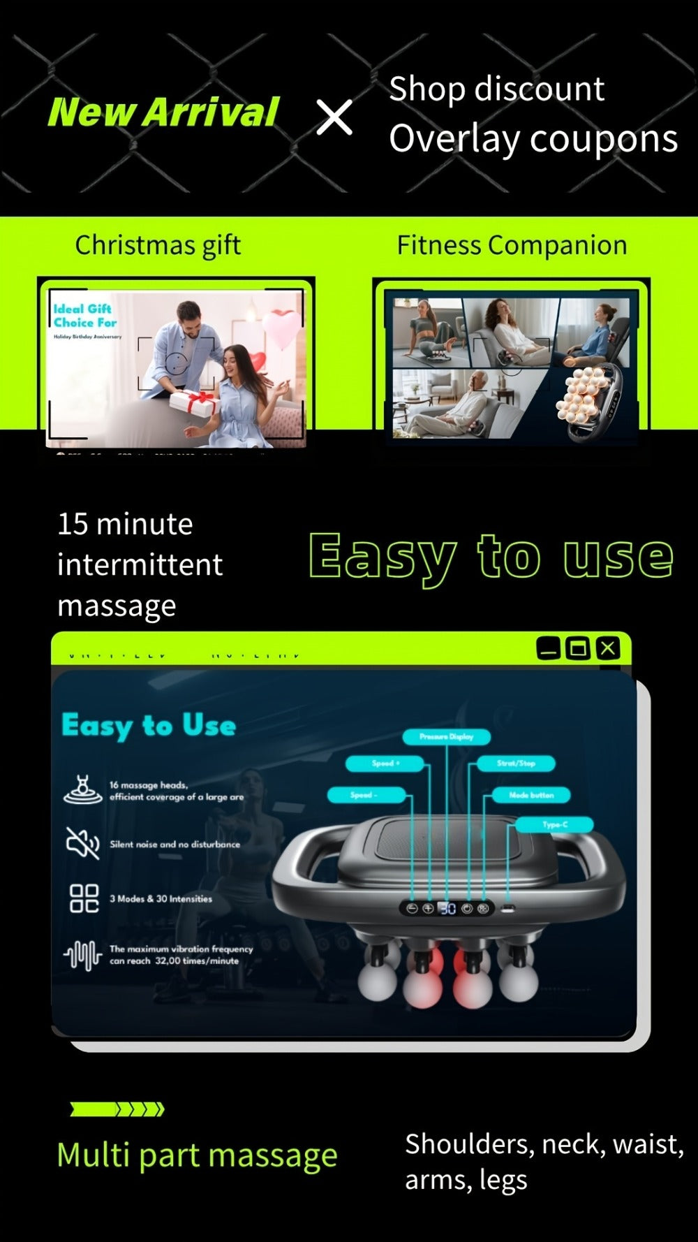 Massage Gun for Deep Tissue Relief ¨C Cordless Percussion Massager with 9 Speeds & 9 Modes, Multiple Heads for Back, Neck, Shoulders, Legs & Feet | Gift for Dad & Mom