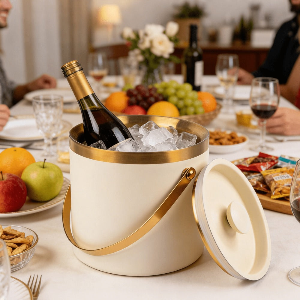 Stainless Steel Ice Bucket with Lid 44oz, 3-Layer Vacuum Insulated Large Ice Bucket with Ice Spoon & Drain, Mirror Finish, for Party Bar Picnic, White