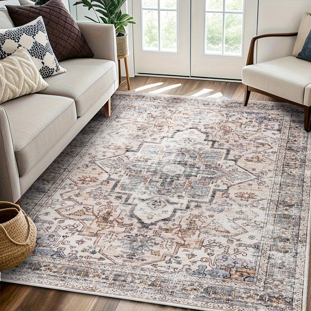 Bohemian Area Rug Ultra-Soft Non-Slip Washable Retro Foldable Carpet for Living Room Bedroom in Beige and Grey Multiple Sizes