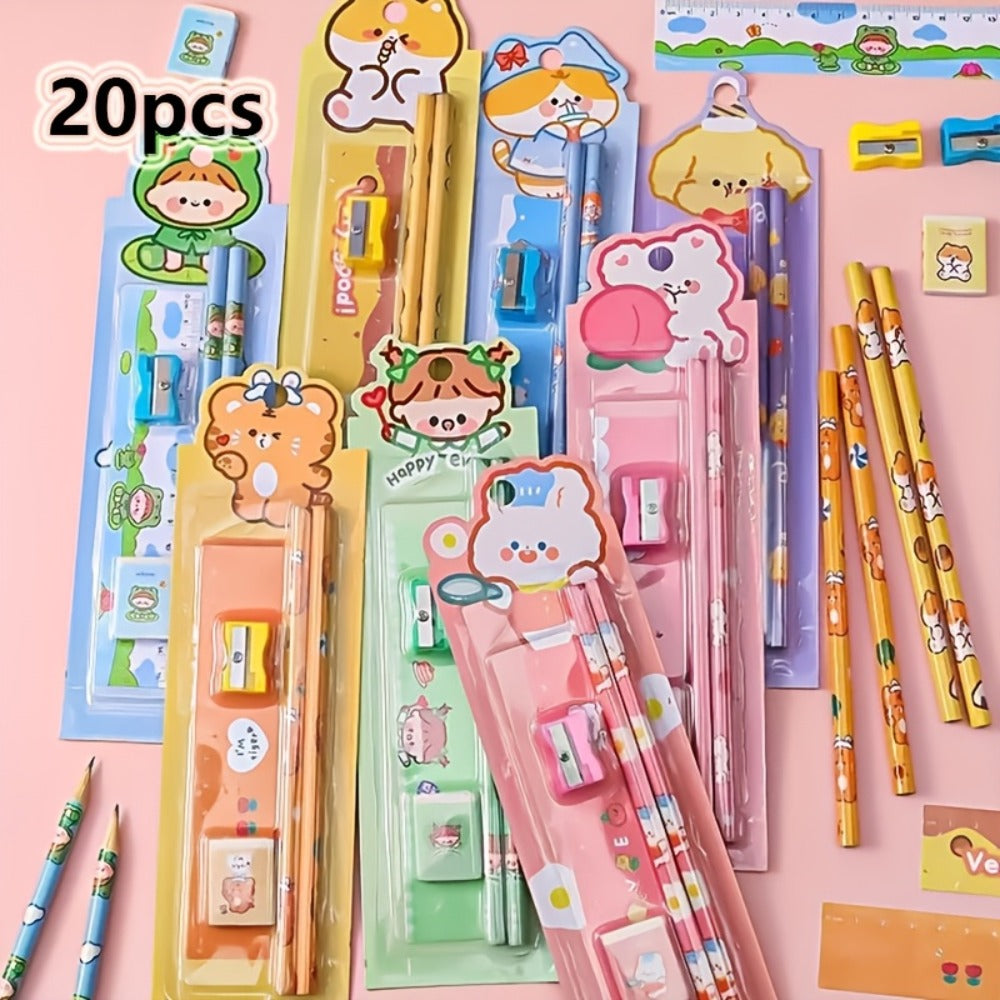 20-Piece Cartoon Pencil Stationery Set with Ruler Eraser Sharpener, Random Cartoon Styles, Kids School Supplies, Party Favor Prizes, Festival Gift Set for Students