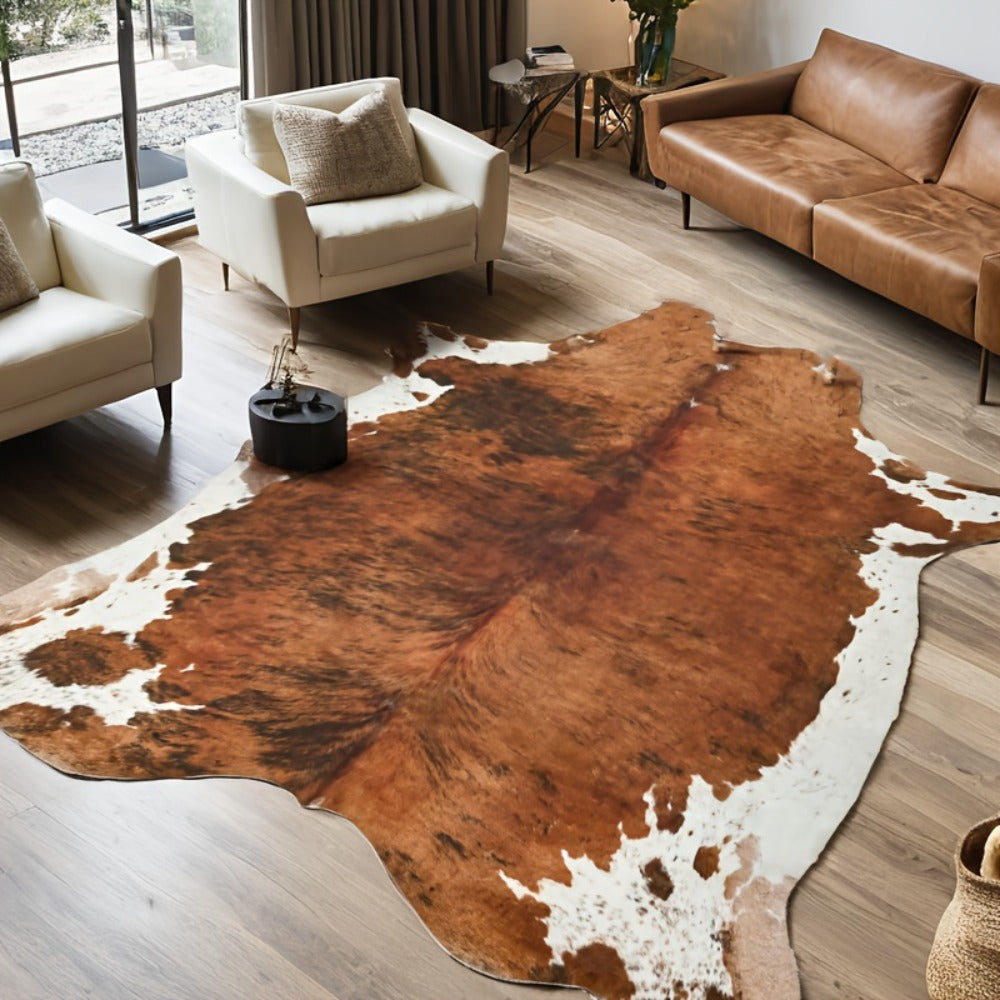 Faux Cowhide Rug Brown Western Style Area Carpet | Non-Slip Suede Backing | 5.2¡Á4.6 & 6.2¡Á5.2 Ft | Living Room Bedroom Office