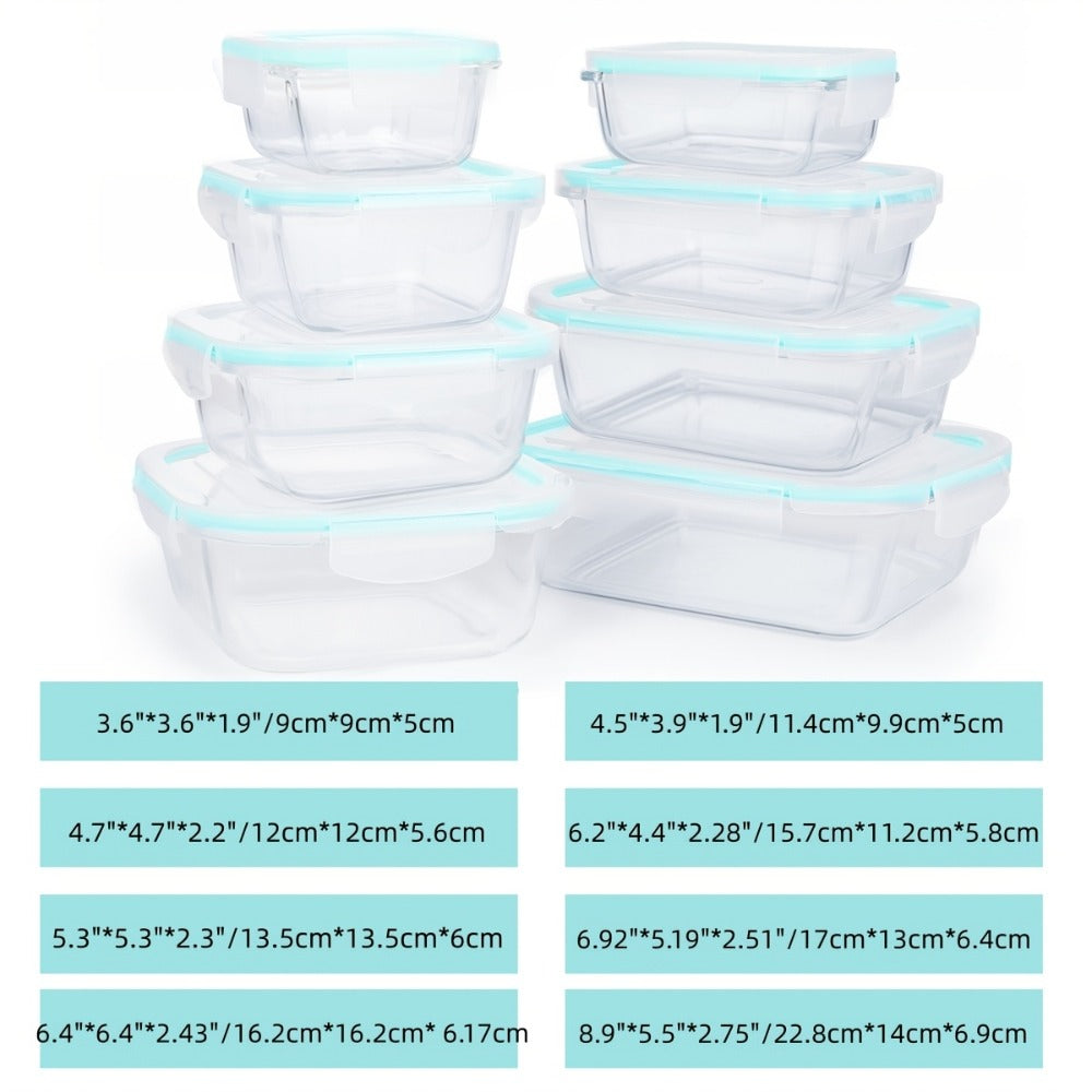 Glass Food Storage Containers 16-Piece Set 8 Glass Bowls with 8 Sealed Lids BPA Free Dishwasher Microwave Refrigerator Safe Meal Prep Containers Bento Boxes in Blue Grey Green Assorted