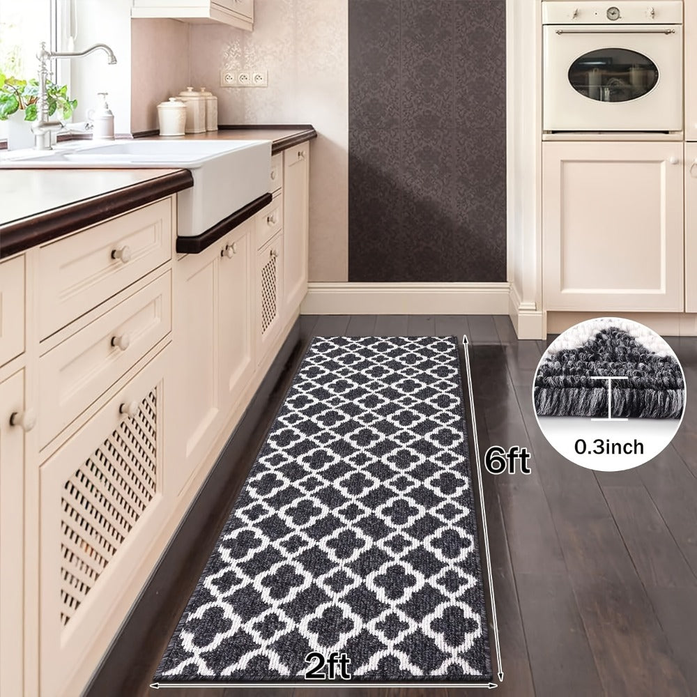 Runner Rug Moroccan Trellis Non-Slip ¨C Machine Washable Hallway Carpet for Entryway, Kitchen & Bathroom ¨C 100% Polypropylene Long Floor Rug, Black & Gray, 2x6, 2x8, 2x10 Ft