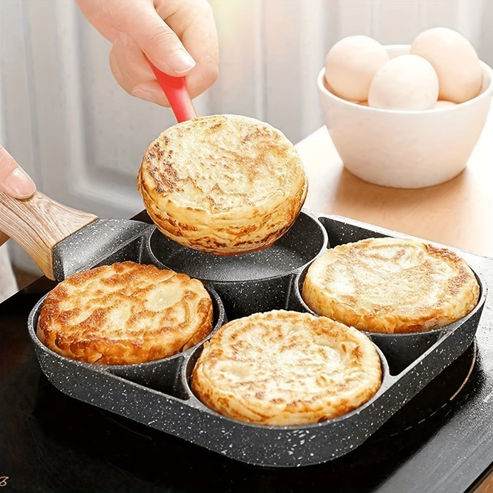 Non-Stick Egg Pan 4-Hole Aluminum Frying Pan for Omelette Eggs Dumplings Takoyaki Induction Compatible Multi-Portion Breakfast Skillet