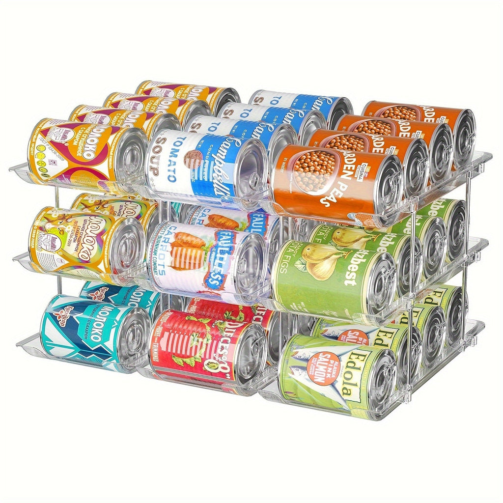 Can Organizer Rack for Pantry Fridge 3-Tier Stackable Rolling 36 Capacity Clear Plastic Automatic Rolling Canned Food Storage Space Saving Kitchen Organizer 3 Sets