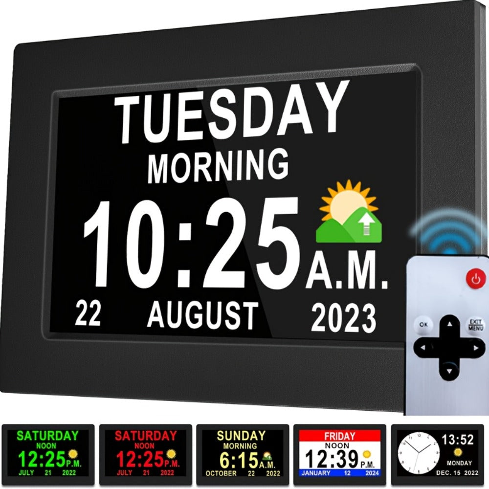 Digital Photo Frame Clock Large Display Calendar Alarm Clock for Seniors USB Powered Supports Photo Video Playback 7 10.1 Inch Bedroom Decor