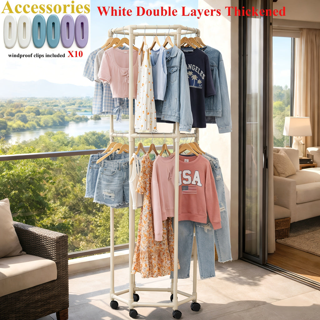 Rolling Hexagon Clothes Drying Rack 1 or 2 Layer ¨C Sturdy Metal Floor Stand with Wheels, Multi-Bar & 10 Clips, Portable Laundry Rack for Bedroom, Balcony & Dorm