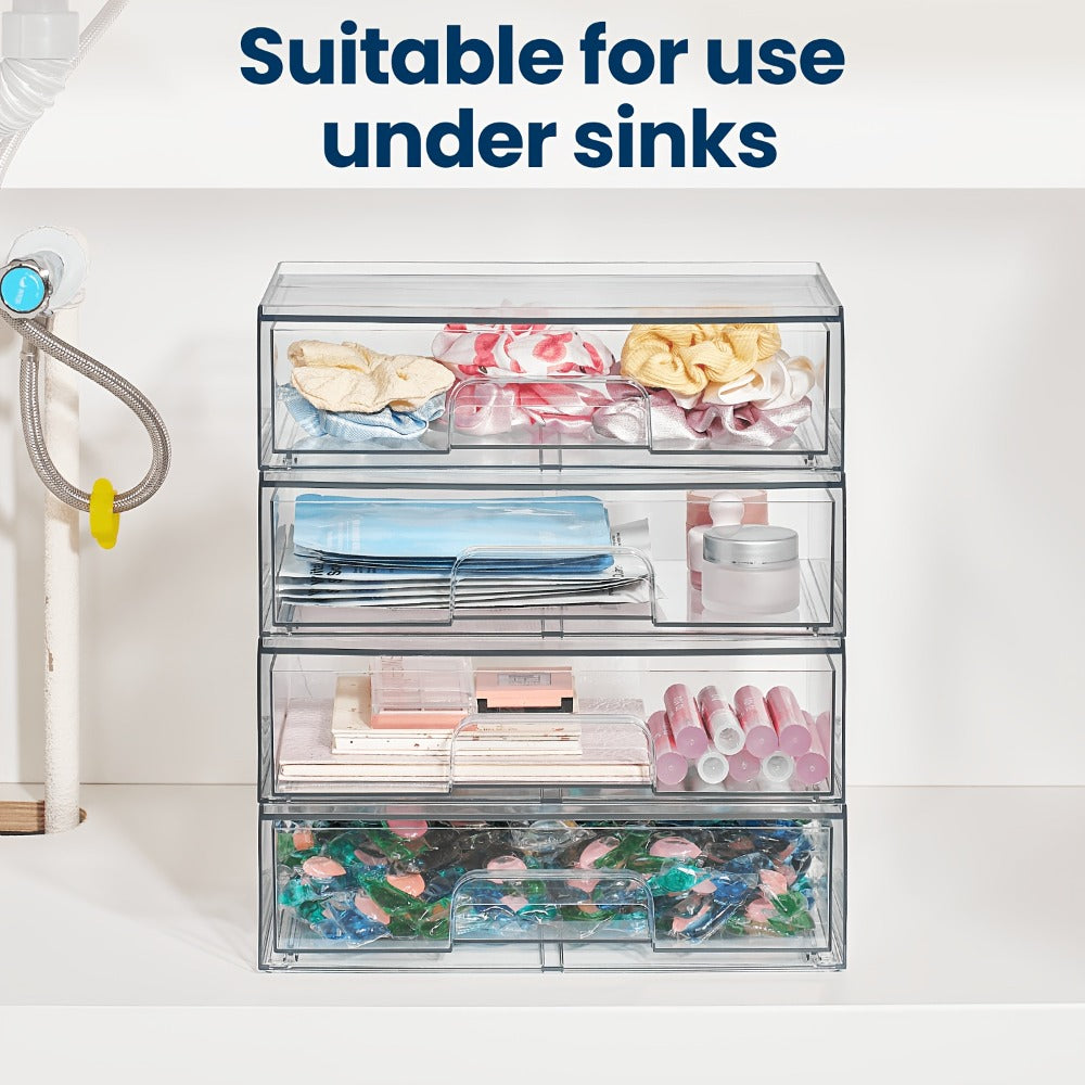 Clear Stackable Desk Drawer Organizer, Acrylic Plastic Storage Bins for Office Desk Organization, Transparent Drawer Divider Bins for Home, Studio & Vanity Table, 2 or 4 Pack Wide Organizer Trays