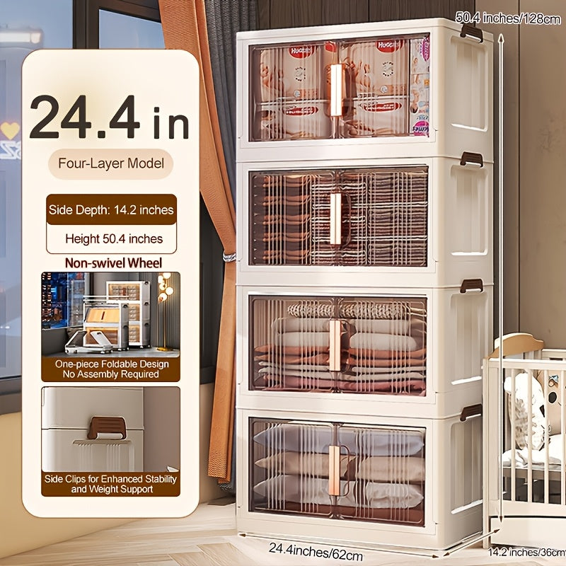 Folding Storage Cabinet with Wheels, 3/4/5-Tier Stackable Plastic Storage Bins with Lids & Magnetic Doors, Foldable Large Organizer with 360¡ã Lockable Wheels for Home Office Kitchen Bathroom Garage