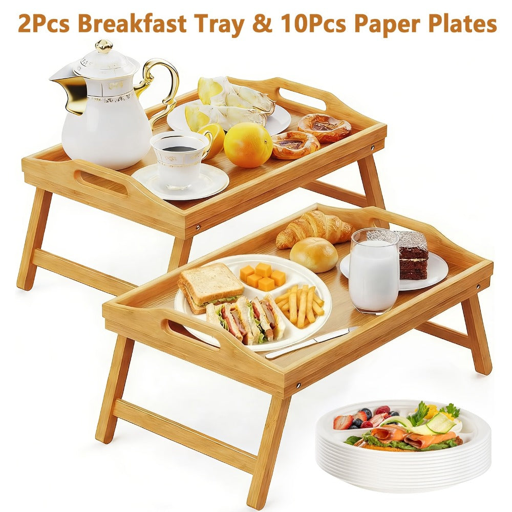 Bamboo Breakfast Tray with Folding Legs & Handles 2 Pack ¨C Extra Wide Foldable Bed Tray Table for Eating, Working & Drawing on Sofa or Bed, Food-Safe Natural Bamboo with 10 Paper Plates