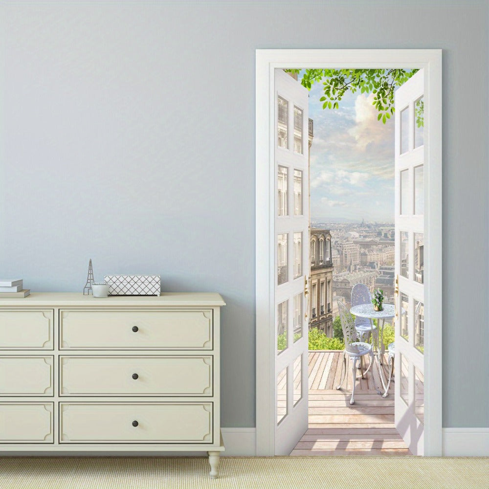 Door Sticker Balcony Scenery Wall Mural ¨C Removable Waterproof Peel & Stick Large Wall Art for Bedroom & Living Room, Faux Window View Home Decor, 35.43 x 78.74 Inches