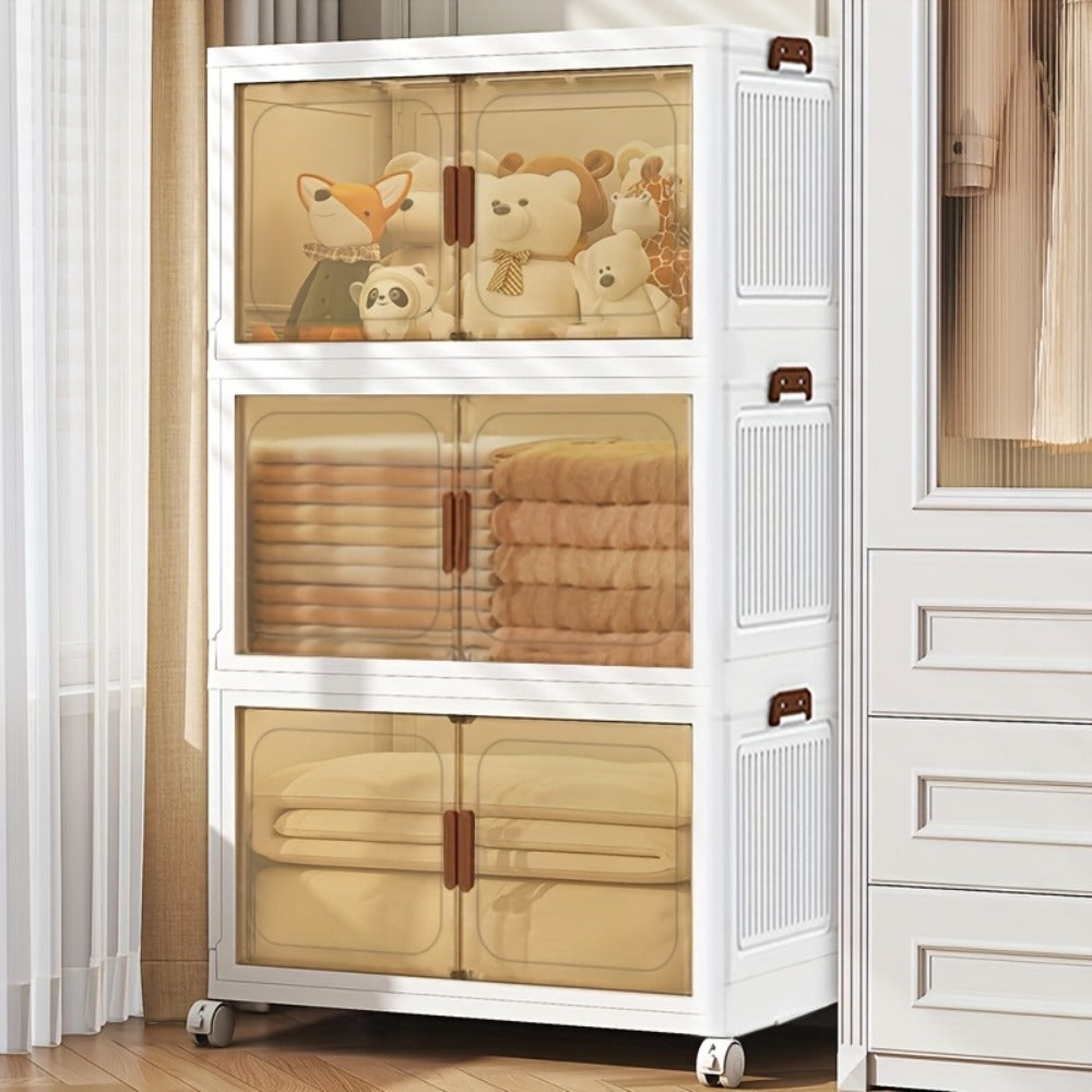 Folding Storage Cabinet 1-6 Tier Collapsible Stackable Organizer with Wheels and Lids - Extra Large Foldable Storage Locker for Closet Bedroom Office Kitchen 50CM Wide