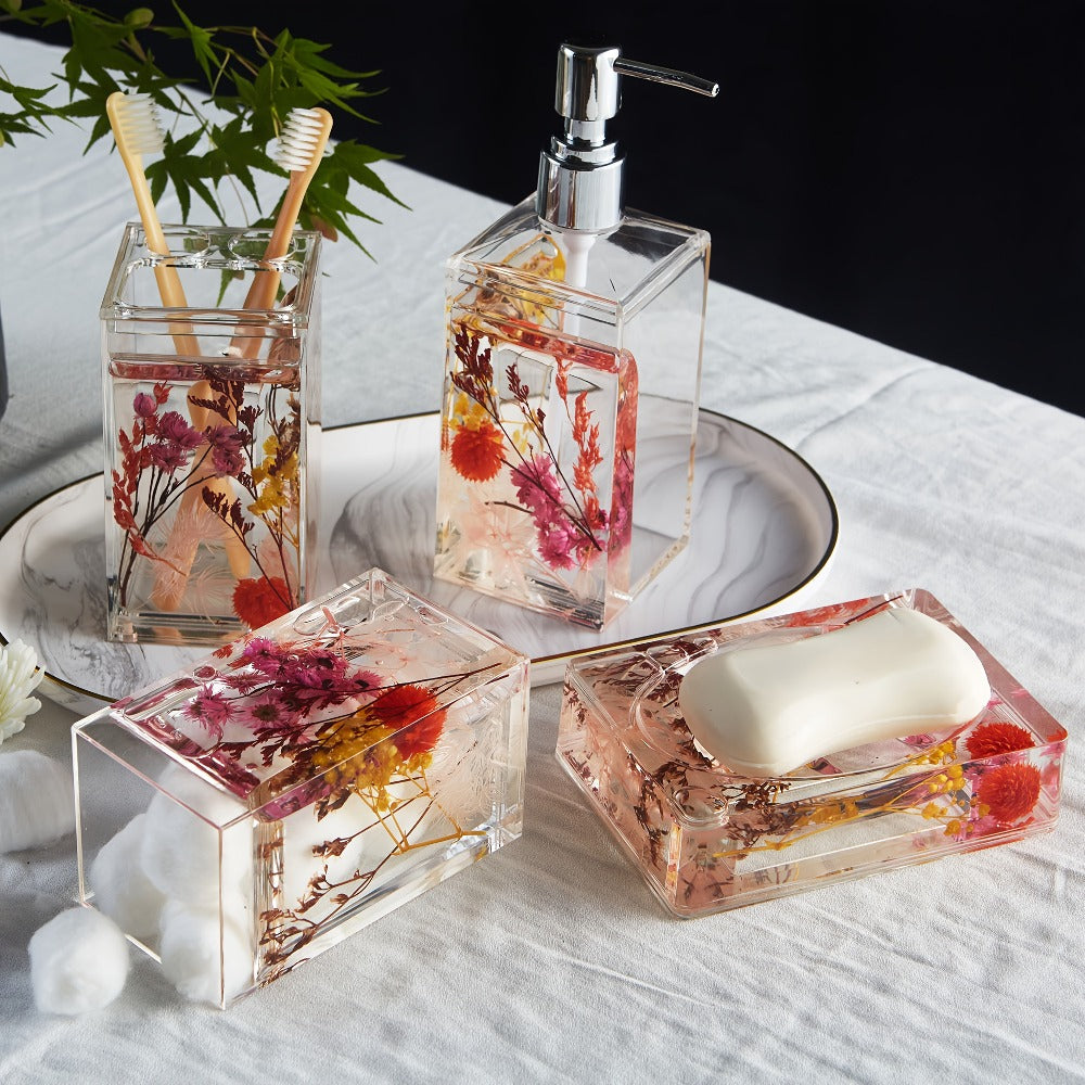 Bathroom Accessory Set 4-Piece 3D Floating Motion Acrylic Liquid Vanity Kit - Tumbler, Toothbrush Holder, Soap Dispenser & Soap Dish, Handcrafted Shell & Leaf Decor, Ocean Dolphin Conch Leaf Styles