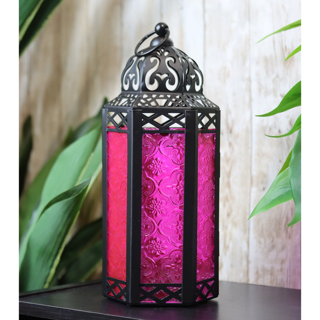 Moroccan Candle Lantern Holder - Decorative Metal & Glass Lantern with Embossed Floral Design for Indoor Home Decor, Garden, Patio, Weddings, Ramadan, Halloween & Holiday Celebrations - 10.5¡± Tall Medium Size