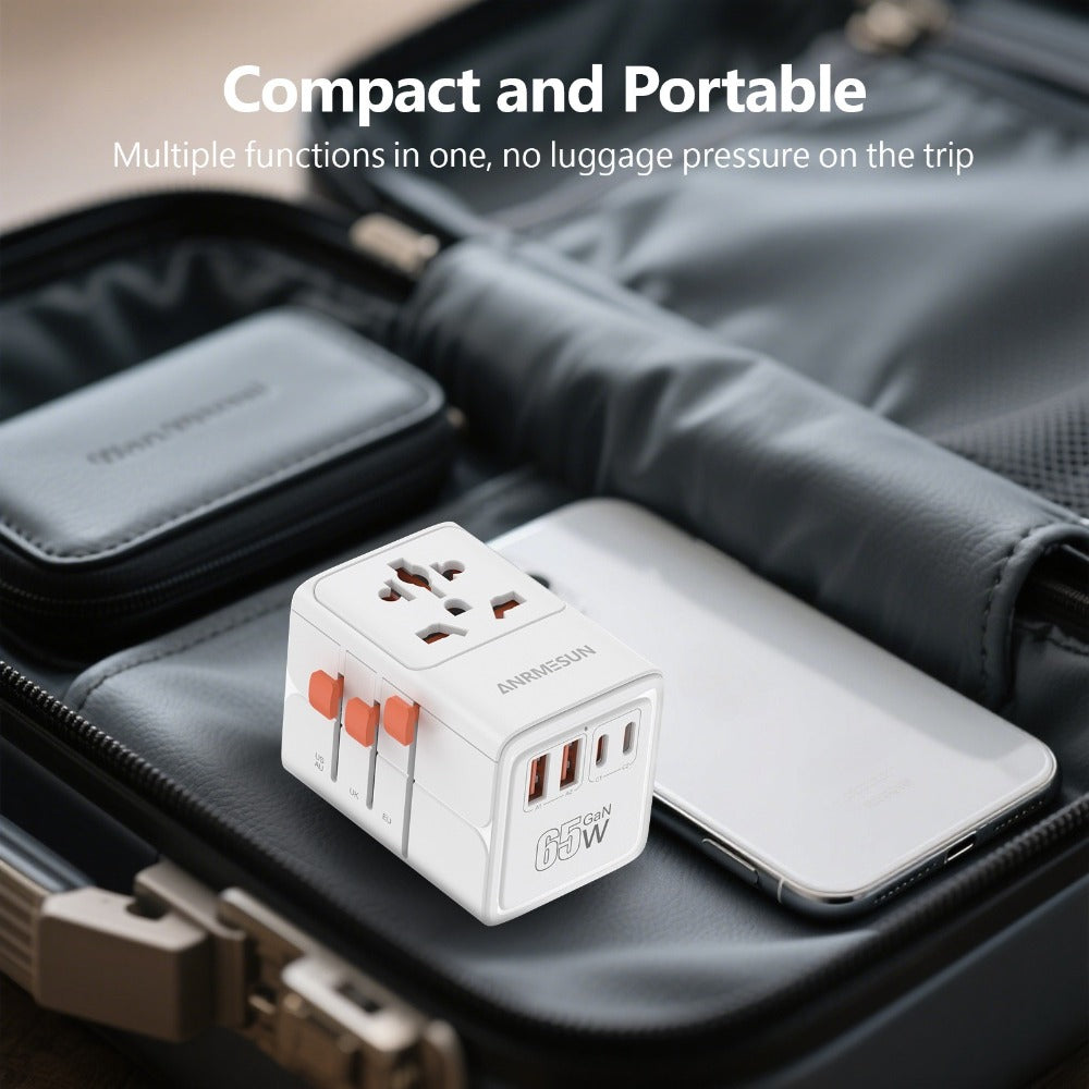 65W Universal Travel Adapter with 4 USB Ports - 2 USB-C & 2 USB-A Fast Charging, US EU UK AU Plugs, 100-240V Input, Overload & Short Circuit Protection, 200+ Countries, White & Black