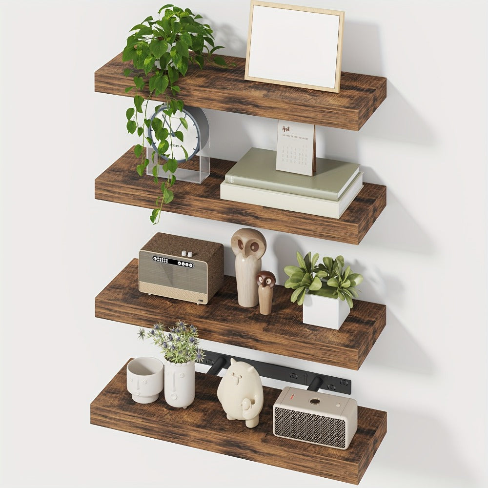 Floating Shelves for Wall 4/8pcs 15.8 Inch, Rustic Wood Wall Shelves with Invisible Brackets, Wall Mounted Display Shelf for Home Decor, Living Room, Bedroom, Bathroom ¨C Walnut, Brown, Black, White, Gray