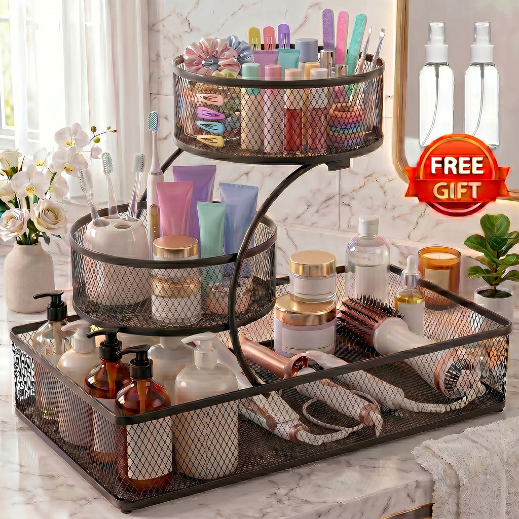 Bathroom Storage Rack 3-Tier Metal Countertop Organizer with Spray Bottle & Hooks ¨C Rust-Resistant Diamond Mesh Shelf for Vanity, Skincare, Cosmetics & Toiletries