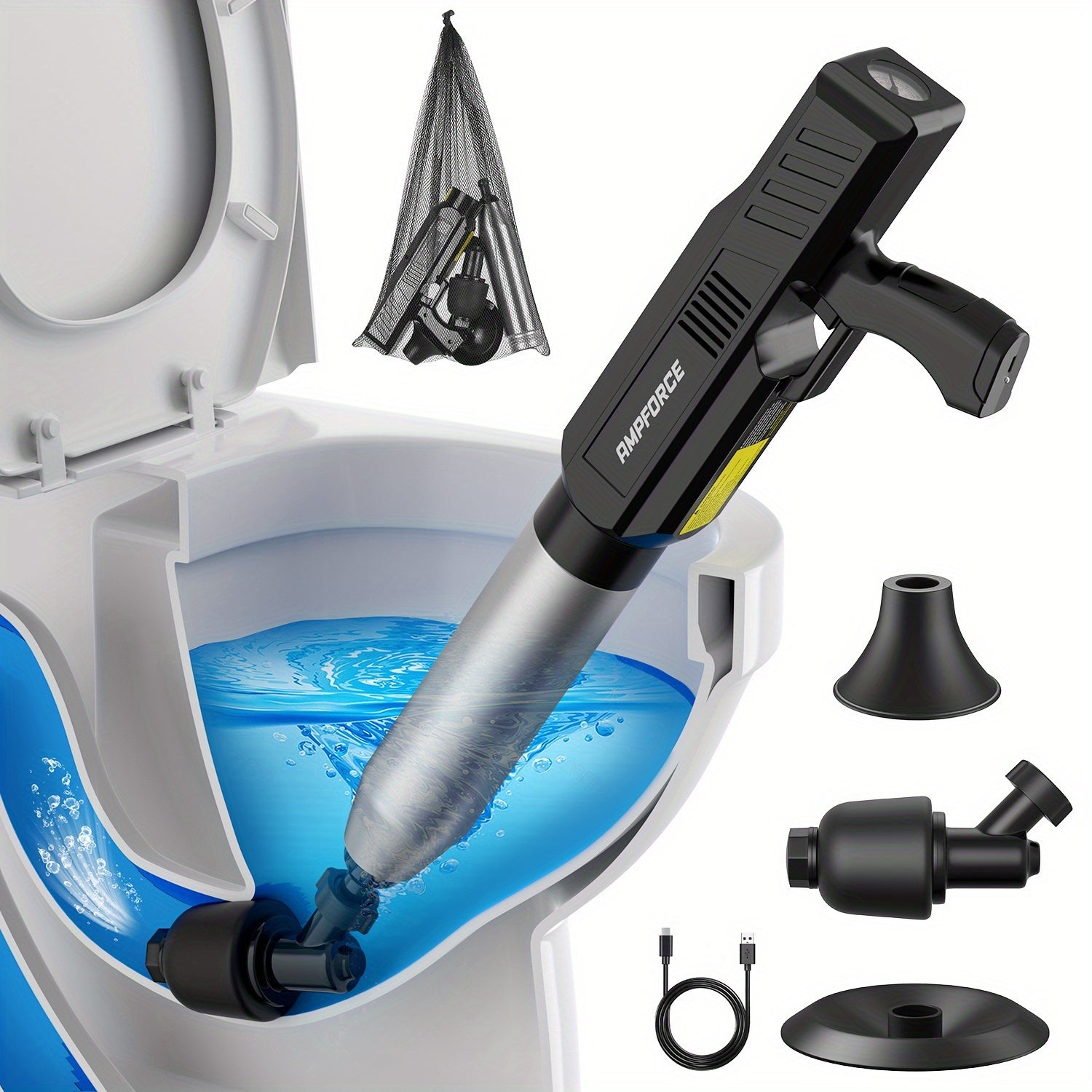 Electric Cordless Toilet Plunger 8V - High-Pressure Pneumatic Drain Opener with Real-Time Pressure Display, Professional Power Unclogger for Toilets Sinks Floor Drains, Mess-Free Reusable, White/Black