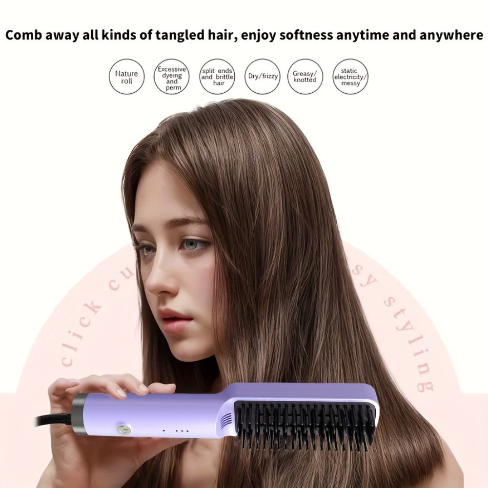 Mini Hair Straightener Comb Ceramic Heating Plate 3 Temperature Settings Fast Heating LED Display Travel Hair Straightening Brush for Women Home Salon Gift