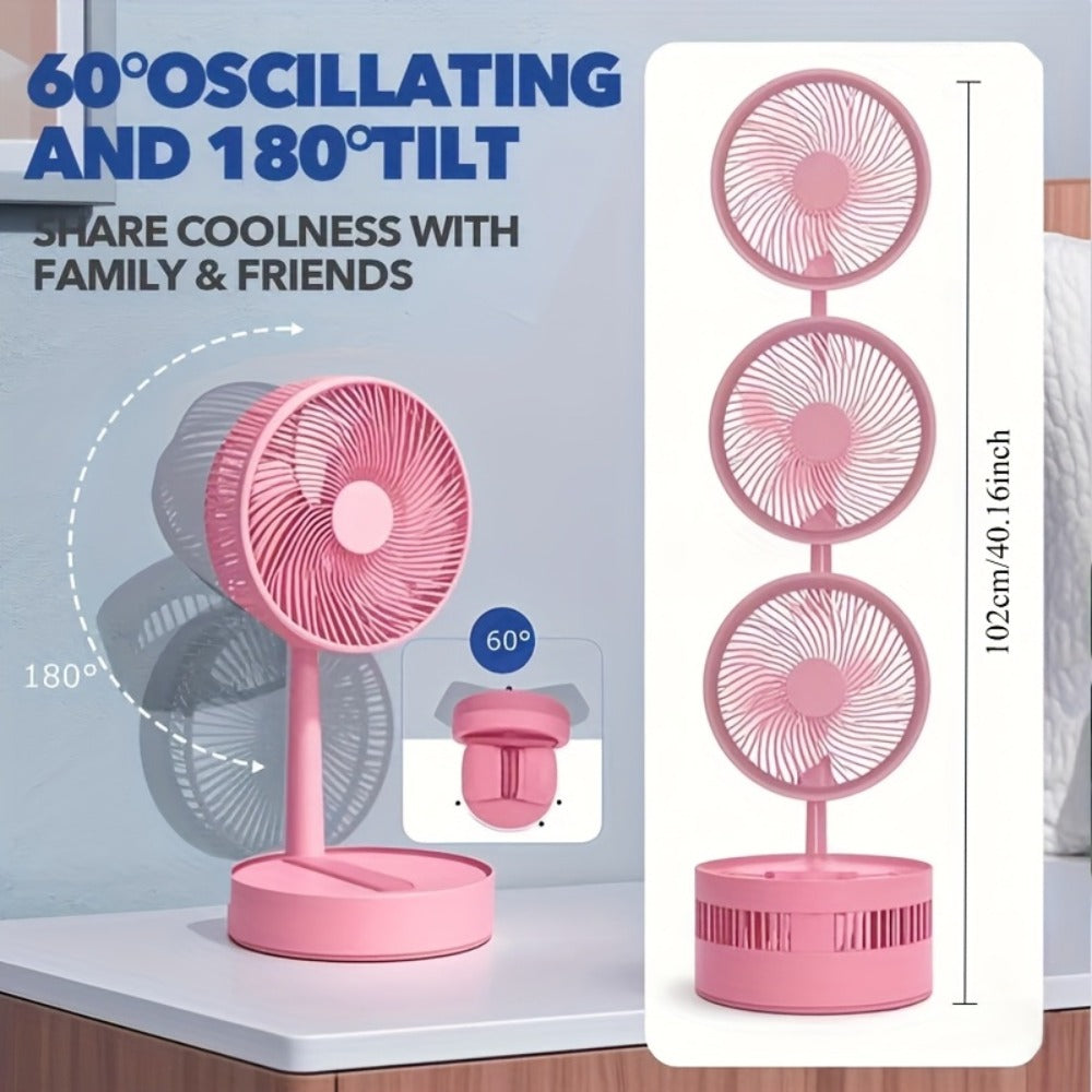 Portable Fan Foldable USB Rechargeable 3600mAh | 4-Speed Remote Control Tower Fan with 7-Color Ambient LED Light Low Noise | Expandable Cordless Fan for Office Bedroom Travel Camping Dorm | Pink White