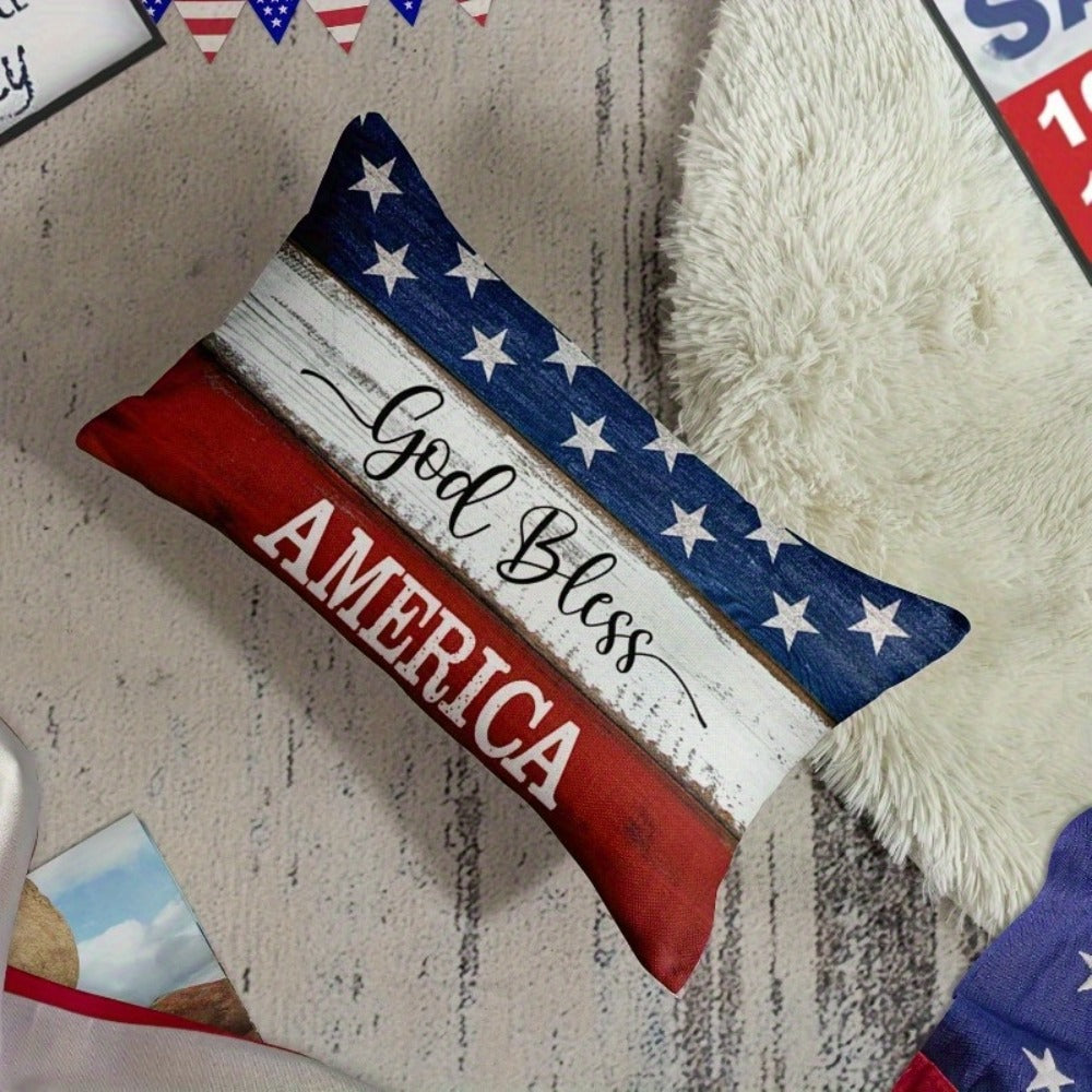 4th of July Throw Pillow Cover 12x20 Inch, God Bless America Patriotic Red White Blue Linen Cushion Case Star Pattern Distressed Wood, Boho Home Decor for Independence Day Memorial Day