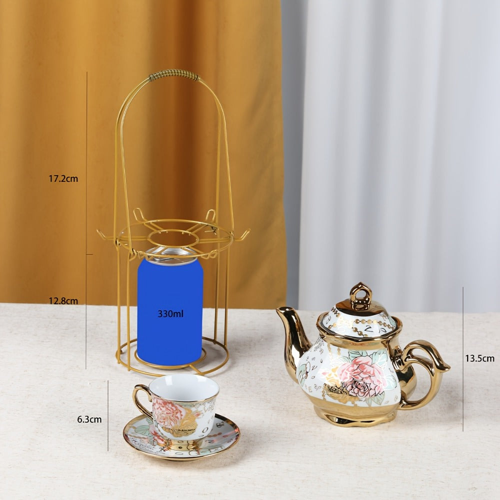 Floral Ceramic Tea Set 20 Pcs ¨C European Porcelain Tea Cups & Saucers with Metal Holder & 15 Oz Teapot ¨C Luxury Arabic Coffee Cup Set for Espresso, Cappuccino & Afternoon Tea ¨C Elegant Gift