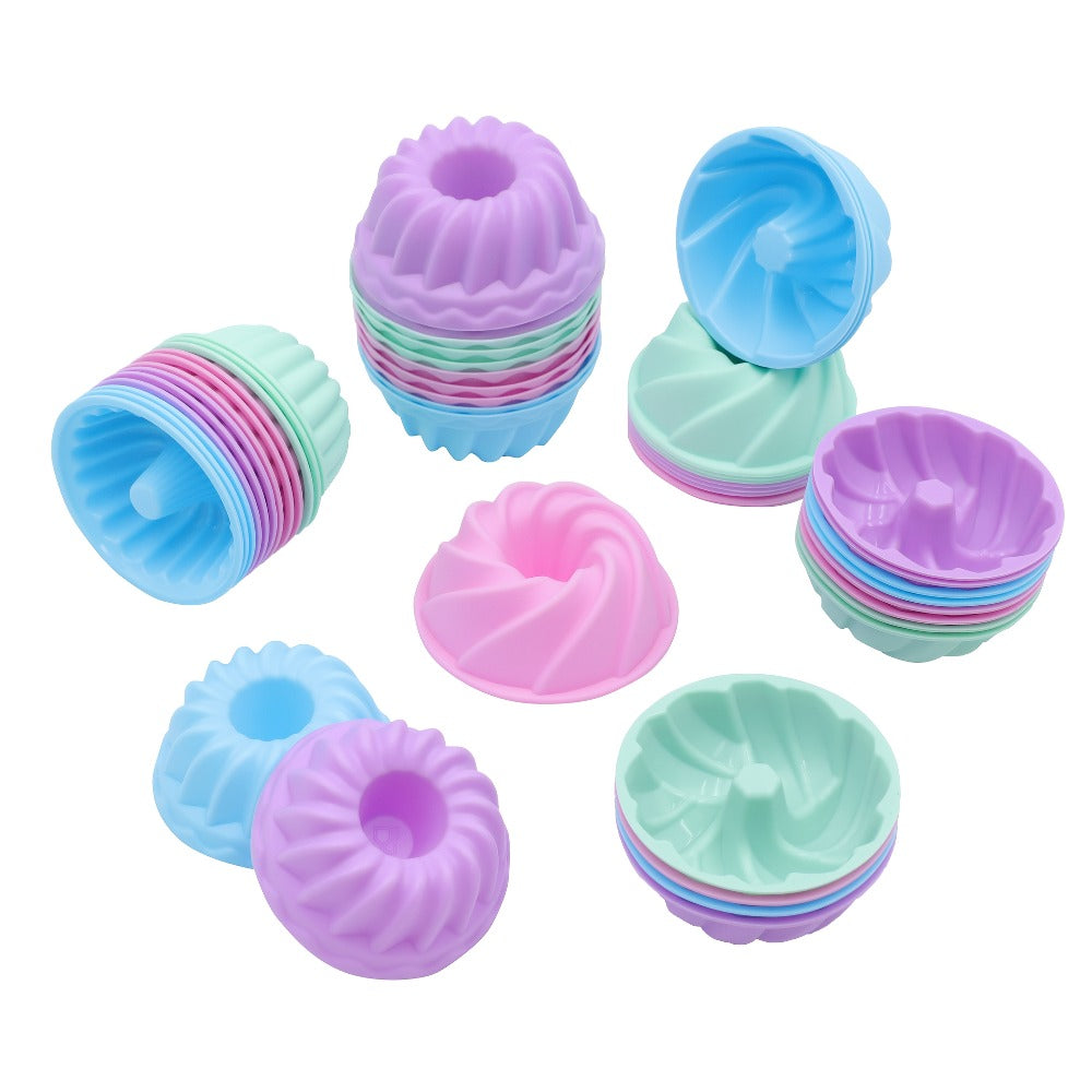 Silicone Donut Mold 48pcs, Nonstick Silicone Baking Cups with 4 Shapes (Thread, Woven, Pumpkin, Flower), Muffin Jello Bagel Pan, Oven Microwave Dishwasher Safe Silicone Baking Molds for Donuts and Cupcakes