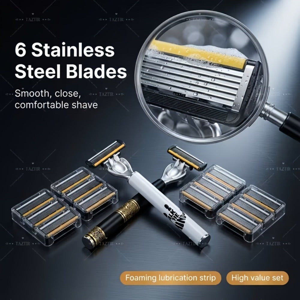 Shaving Kit for Men ¨C 2 Handles & 72 Replacement Blades, Six-Layer Blade System Luxury Razor Set for Beard & Mustache Grooming, Ergonomic Design, Perfect Christmas & Valentine's Day Gift