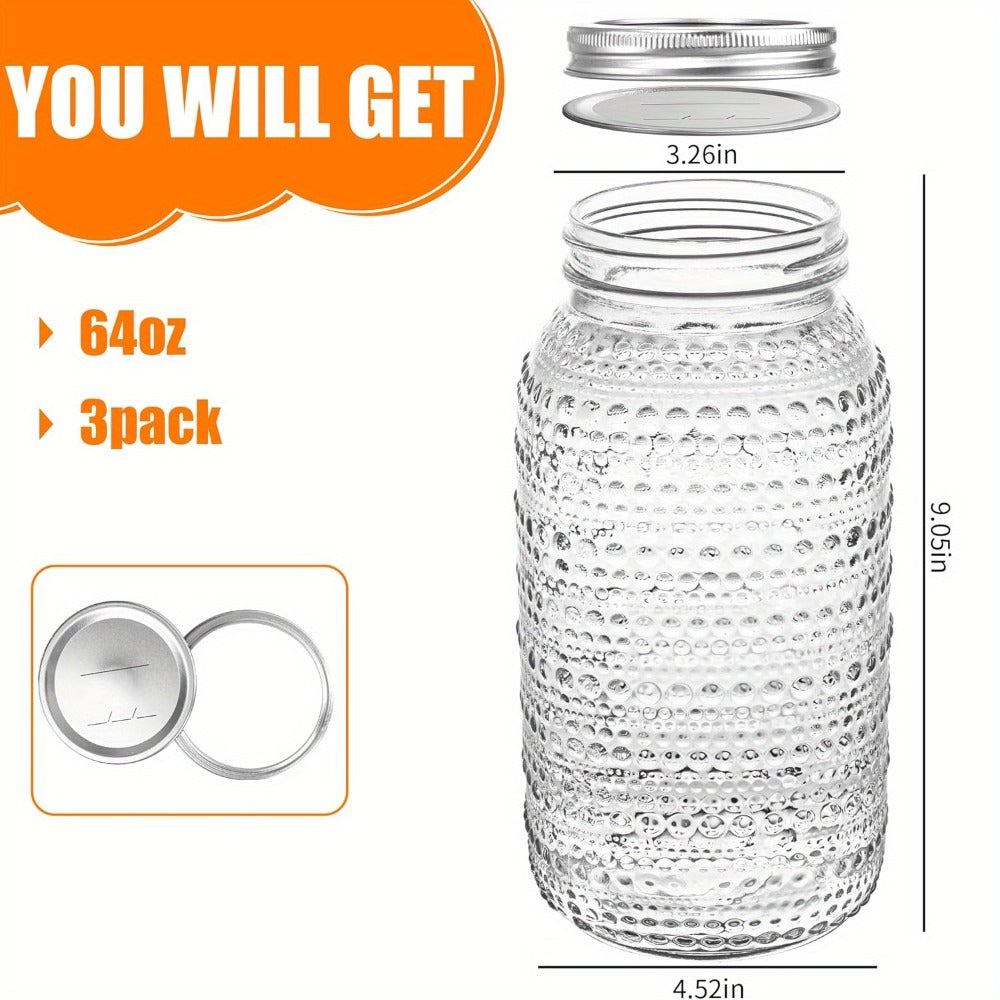 Mason Jars 64oz Wide Mouth with Lids 3 Pack Large Glass Canning Jars Airtight for Food Storage Meal Prep Pickling Salad Jam Centerpieces Vase Kitchen Pantry