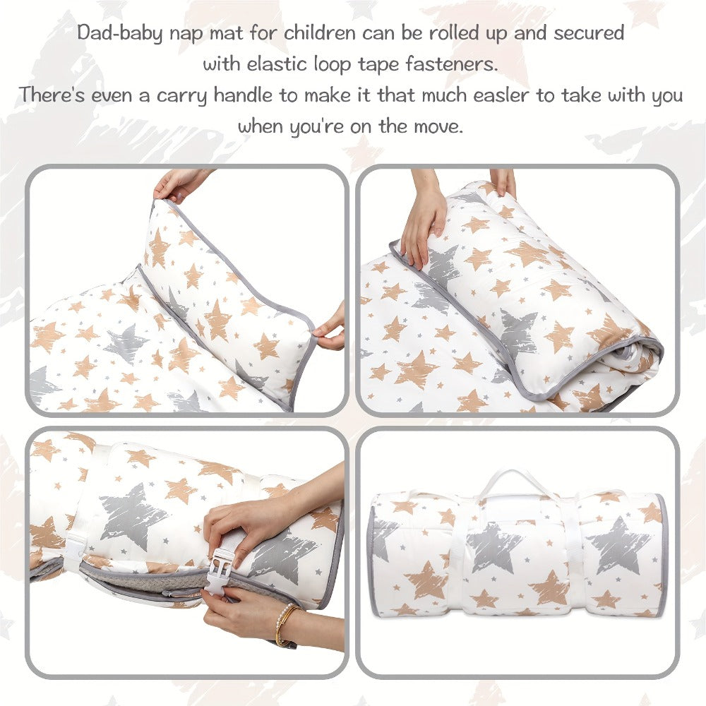 Toddler Nap Mat with Removable Pillow & Minky Blanket, Rollup Kids Sleeping Mat for Daycare Preschool, Portable Toddler Sleeping Bag for Travel Camping, Star Pattern