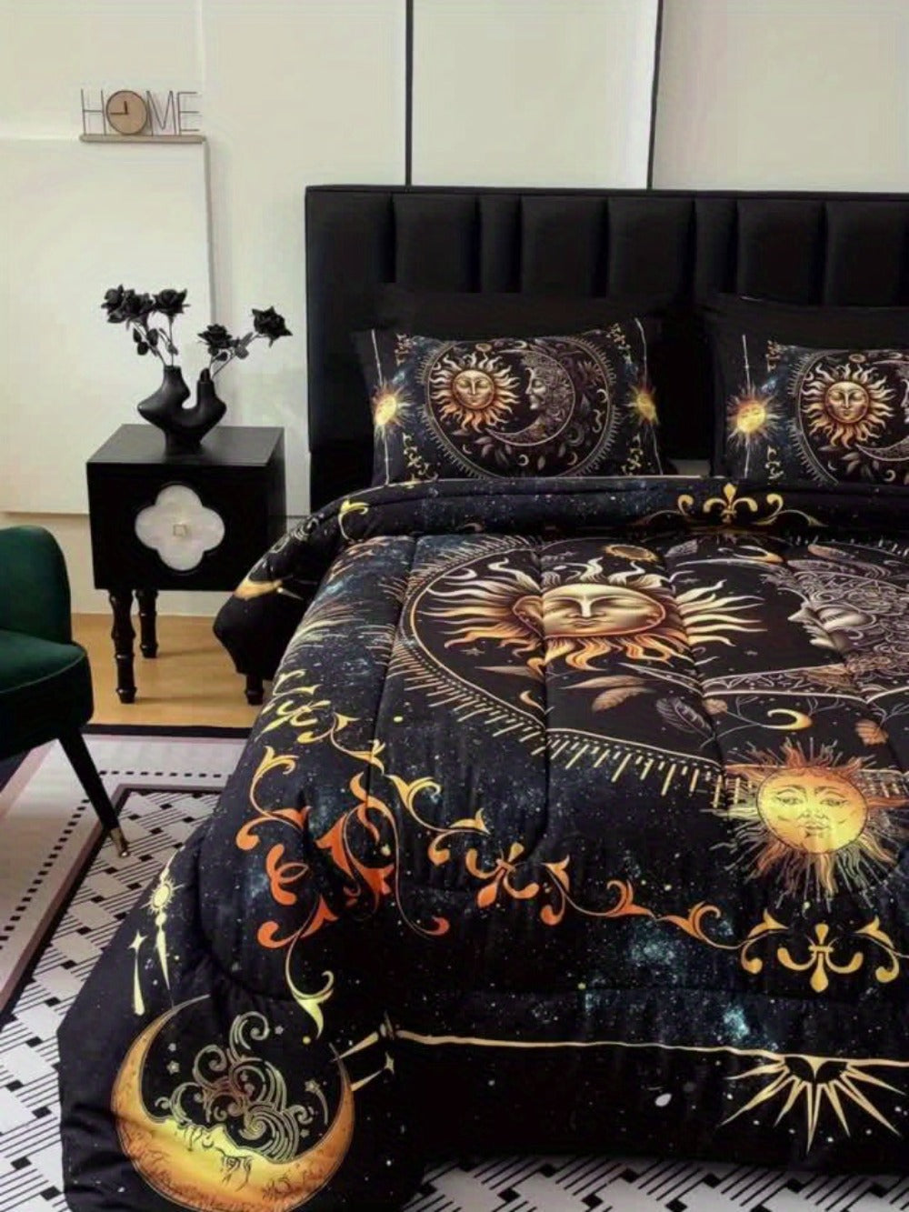 Sun Moon Planet Comforter Set 3pcs Digital Print Quilted Bedding 1 Comforter 2 Pillowcases 180GSM Soft Breathable Black Celestial Bedroom Decor Twin Full Queen King Size Dormitory