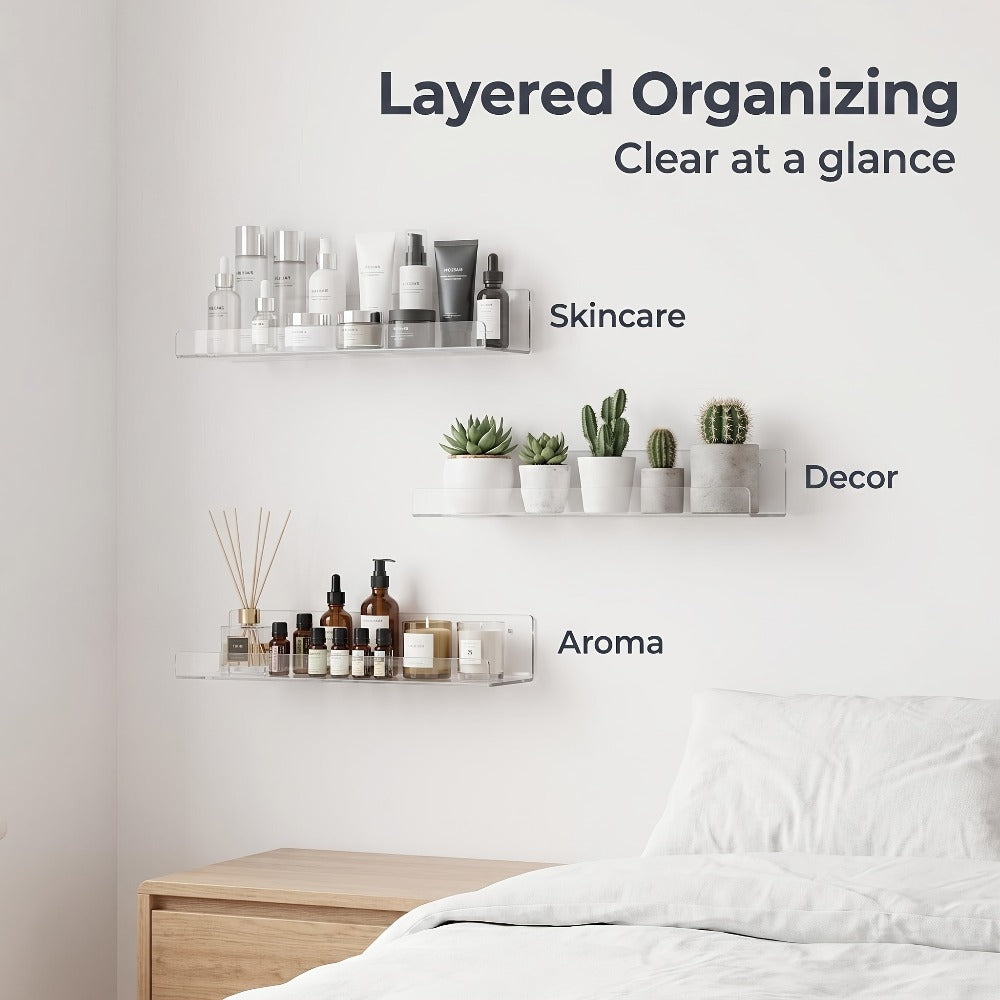 Acrylic Floating Wall Shelves - Clear Display Shelf Organizer for Bathroom, Bedroom, Living Room & Kitchen, 15x4 Inch Wall Mounted Storage Bookshelf, Set of 4/8/16 Pack Room Decor
