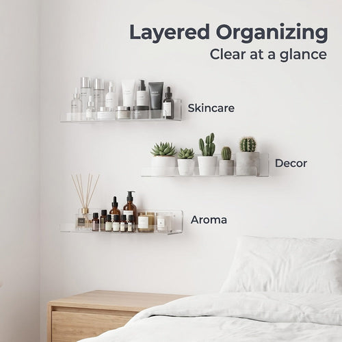 Acrylic Floating Wall Shelves - Clear Display Shelf Organizer for Bathroom, Bedroom, Living Room & Kitchen, 15x4 Inch Wall Mounted Storage Bookshelf, Set of 4/8/16 Pack Room Decor
