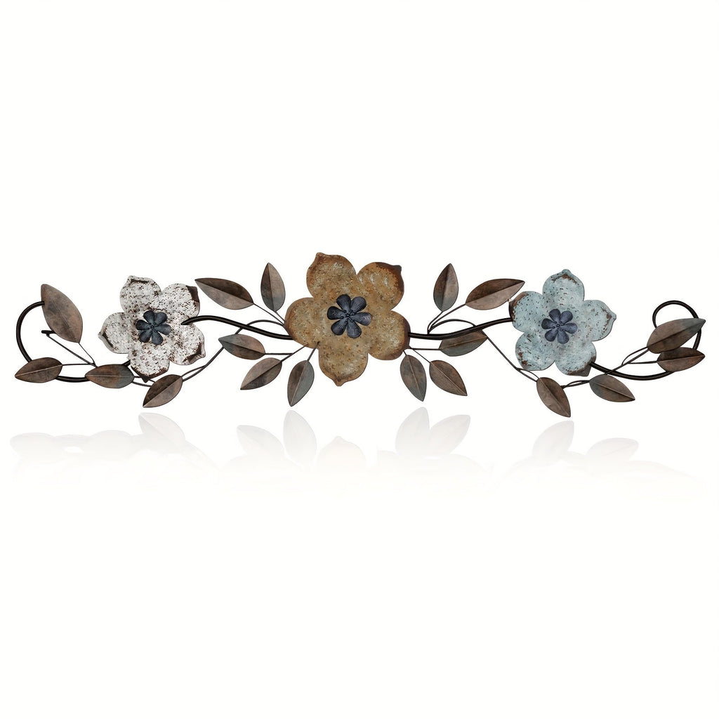 Metal Flower Wall Decor - Vintage Wrought Iron Farmhouse Scroll Sculpture 15.75 Inch Colorful Floral Leaf Wall Art for Living Room Bedroom Above Door Boho Indoor Home Decoration