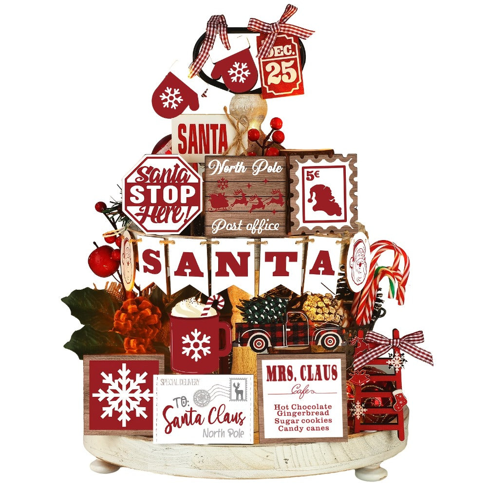 Tiered Tray Decor Set 15/20pcs Winter Christmas Farmhouse Wooden Signs - Buffalo Check Snowflakes Trees Dwarfs Trucks Valentine Easter Holiday Table Display Decorations