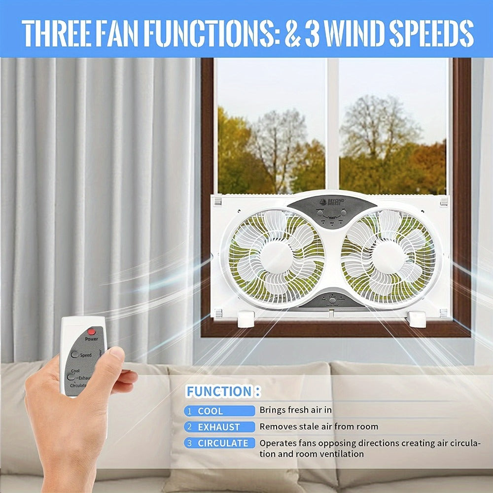Window Fan Twin 9-Inch with Remote Control, Reversible Airflow Blades In/Out Exchange, 3 Speed Settings, Built-In Extender Panels, Quiet Digital Window Fan for Bedroom Home Office, White