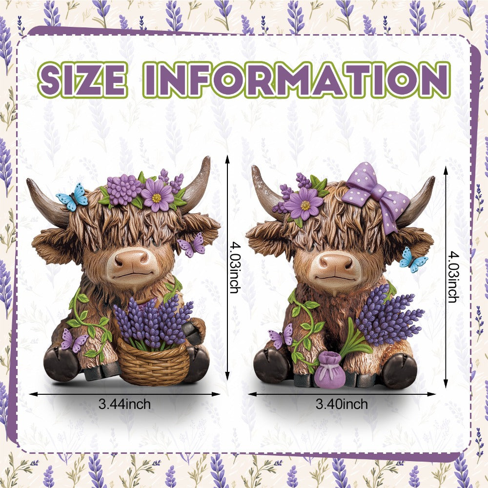 Scottish Highland Cow Figurines with Lavender - Resin Calf Statue Set of 2 for Home Garden Office Decor | Spring Table Centerpiece, Shelf Display & Housewarming Gift | Lavender-Themed Highland Cow Decor