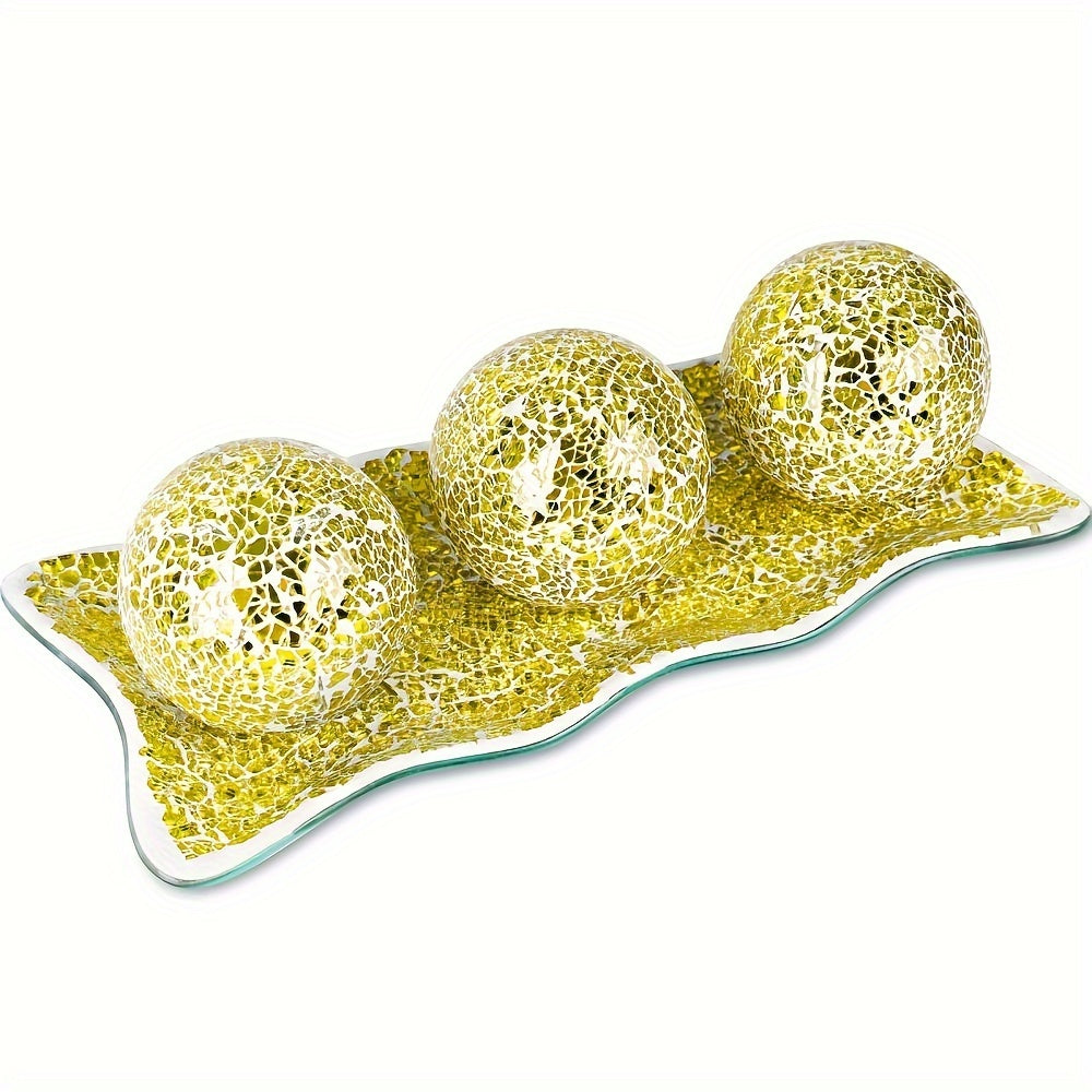 Decorative Glass Balls for Bowls 3 Inch Set of 3 with Glass Tray, Bowl Fillers Centerpiece Table Decorations for Home Decor Living Room Dining Coffee Table, Silver Black Gold Green
