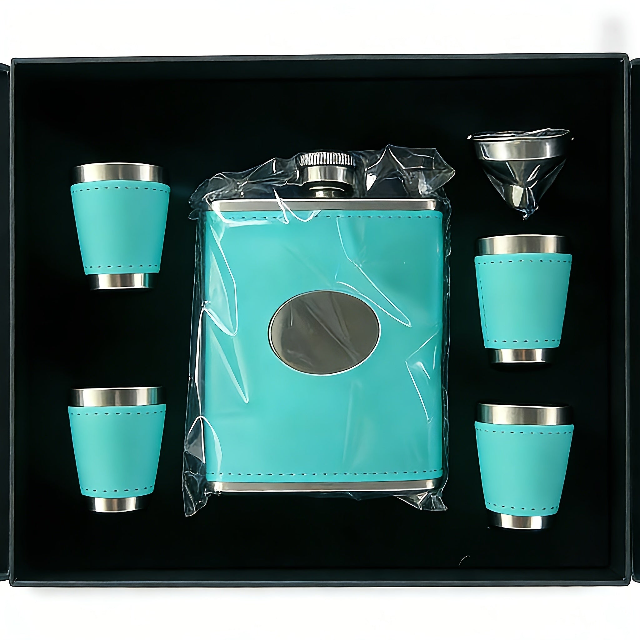 Flask Set for Women 6oz Leather Wrapped Stainless Steel Hip Flask Gift Set with 4 Cups and Funnel Pink Orange Blue Holiday Christmas Valentine Gift for Girlfriend Mom