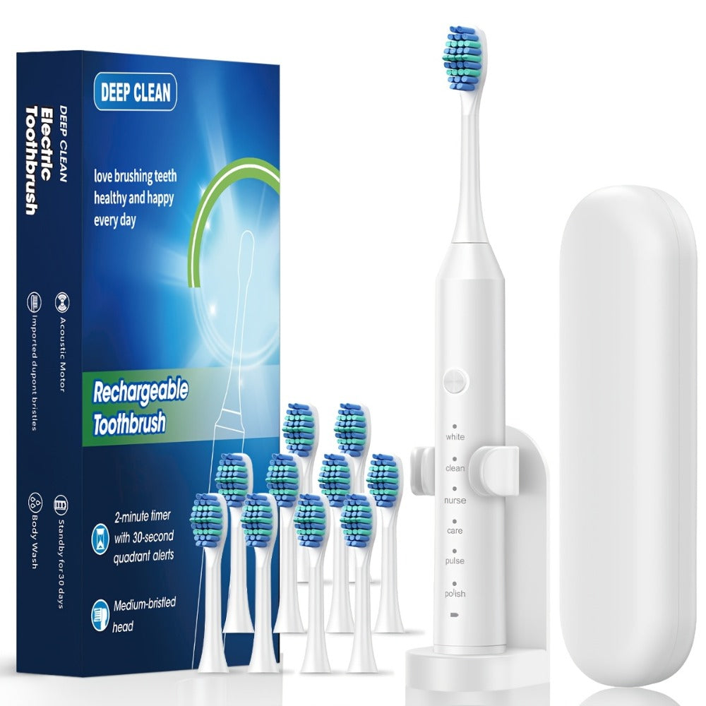 Rechargeable Toothbrush ¨C 6 Cleaning Modes, 500mAh Lithium Battery, USB Charging, Soft Bristles, 4 or 8 Brush Heads, Black White Pink Electric Toothbrush for Adults Deep Clean & Whitening
