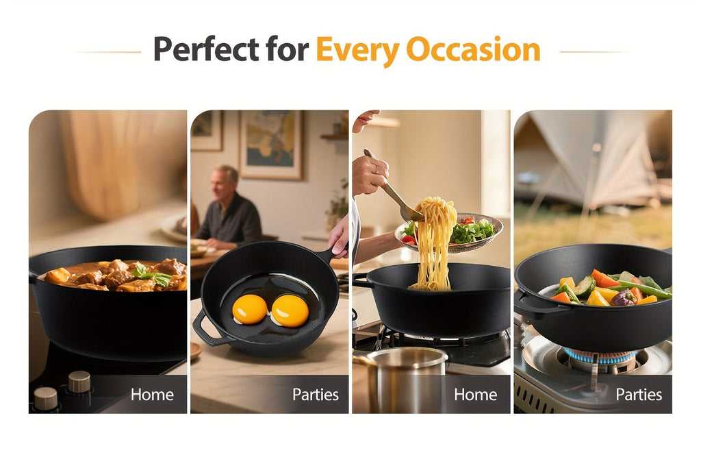 Cast Iron Dutch Oven & Frying Pan Set ¨C Pre-Seasoned 2-in-1 Cookware, Deep Pan + Skillet for Stovetop, Induction, Oven, BBQ & Outdoor Cooking, Multi-Purpose Pots and Pans Set
