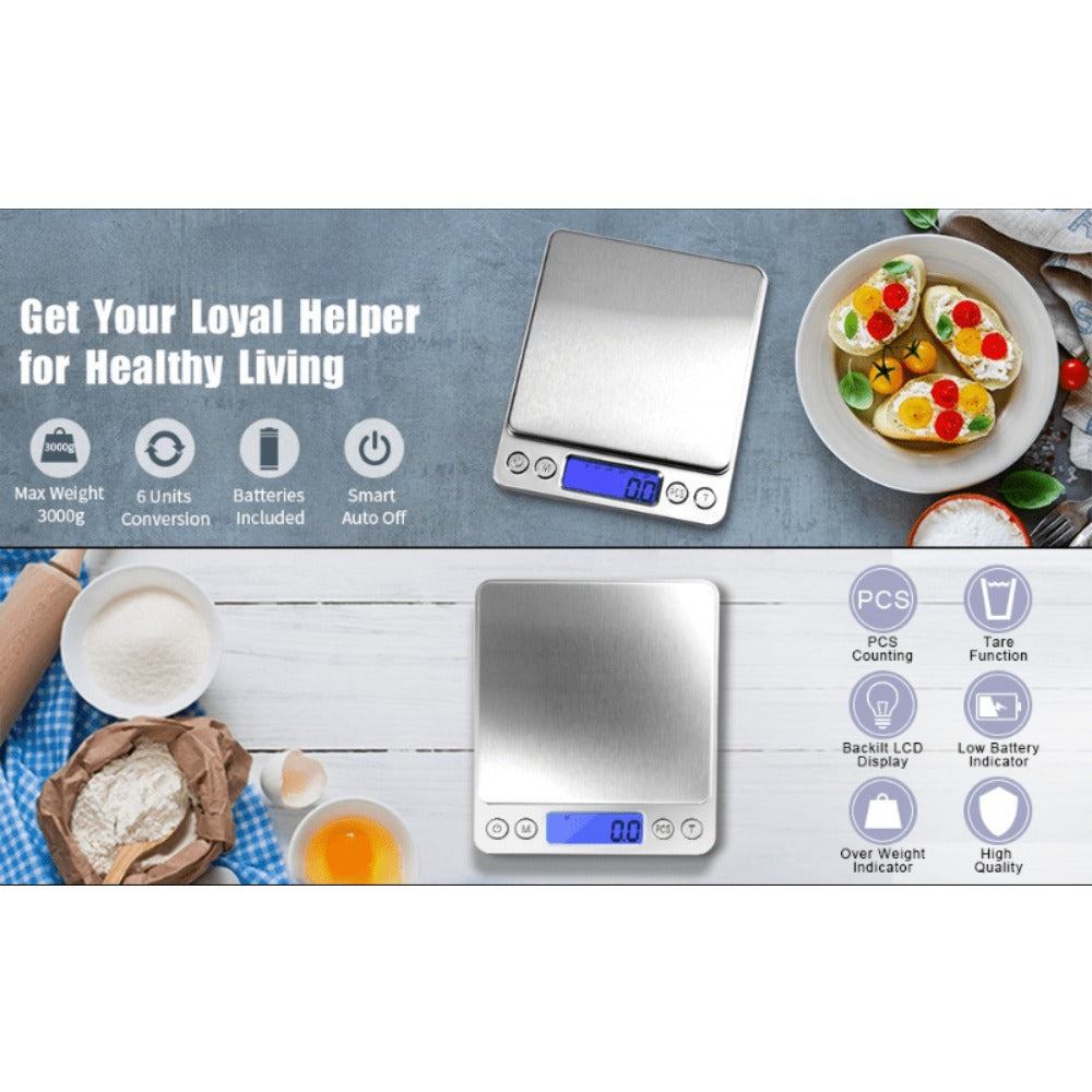Digital Kitchen Scale Pocket Food Scale 3000g x 0.1g Accuracy, 6 Unit Modes LCD Display Tare Function, Mini Gram Scale for Food Cooking Baking Nutrition Coffee Jewelry, 2 Trays & Batteries Included