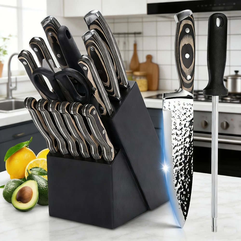 Kitchen Knife Set 15 Piece ¨C Chef Knife Block Set with Self-Sharpening Wooden Block, Steak Knives & Hammered Stainless Steel Blades, Perfect Gift for Home Cooks & Men